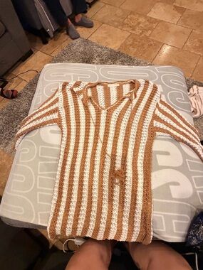 Striped Crochet V-Neck Beach Dress in Cream and Tan